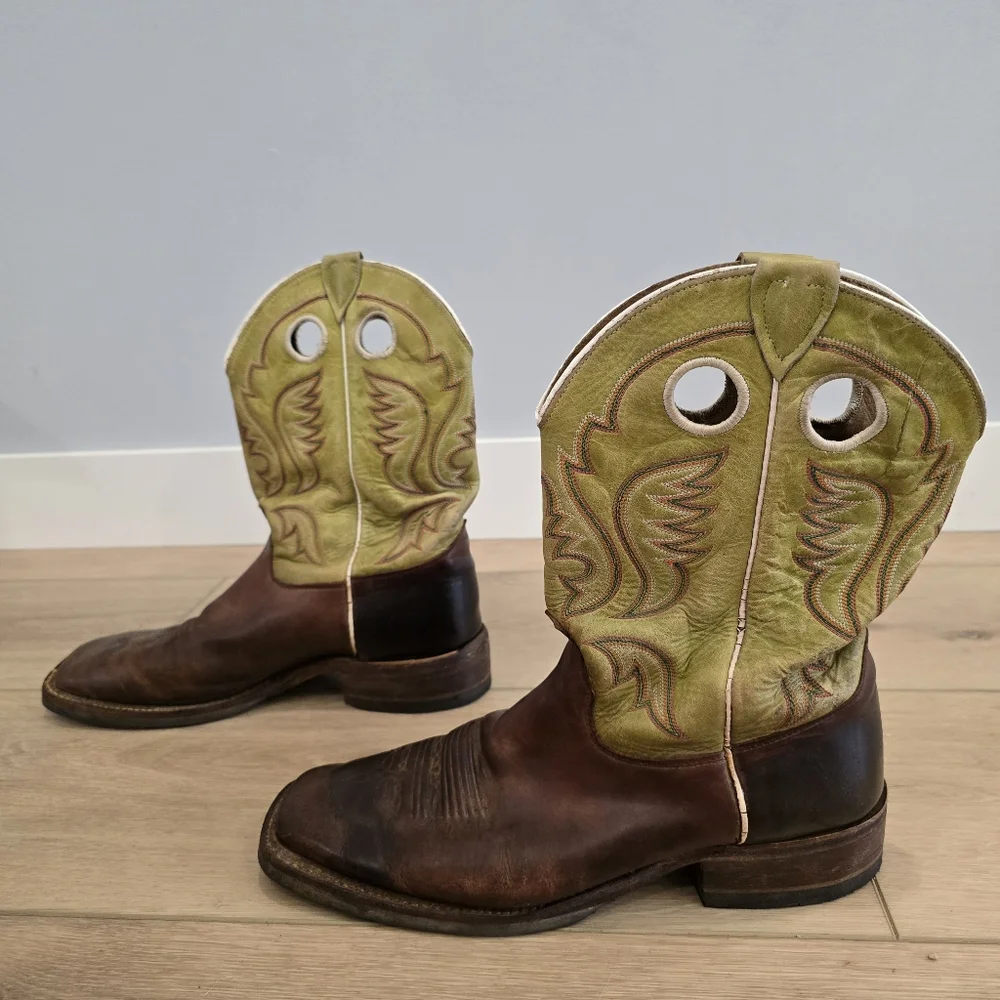 Justin Men's 12 D Cognac Green SquareToe Cowboy Western Boots Handcrafted in USA